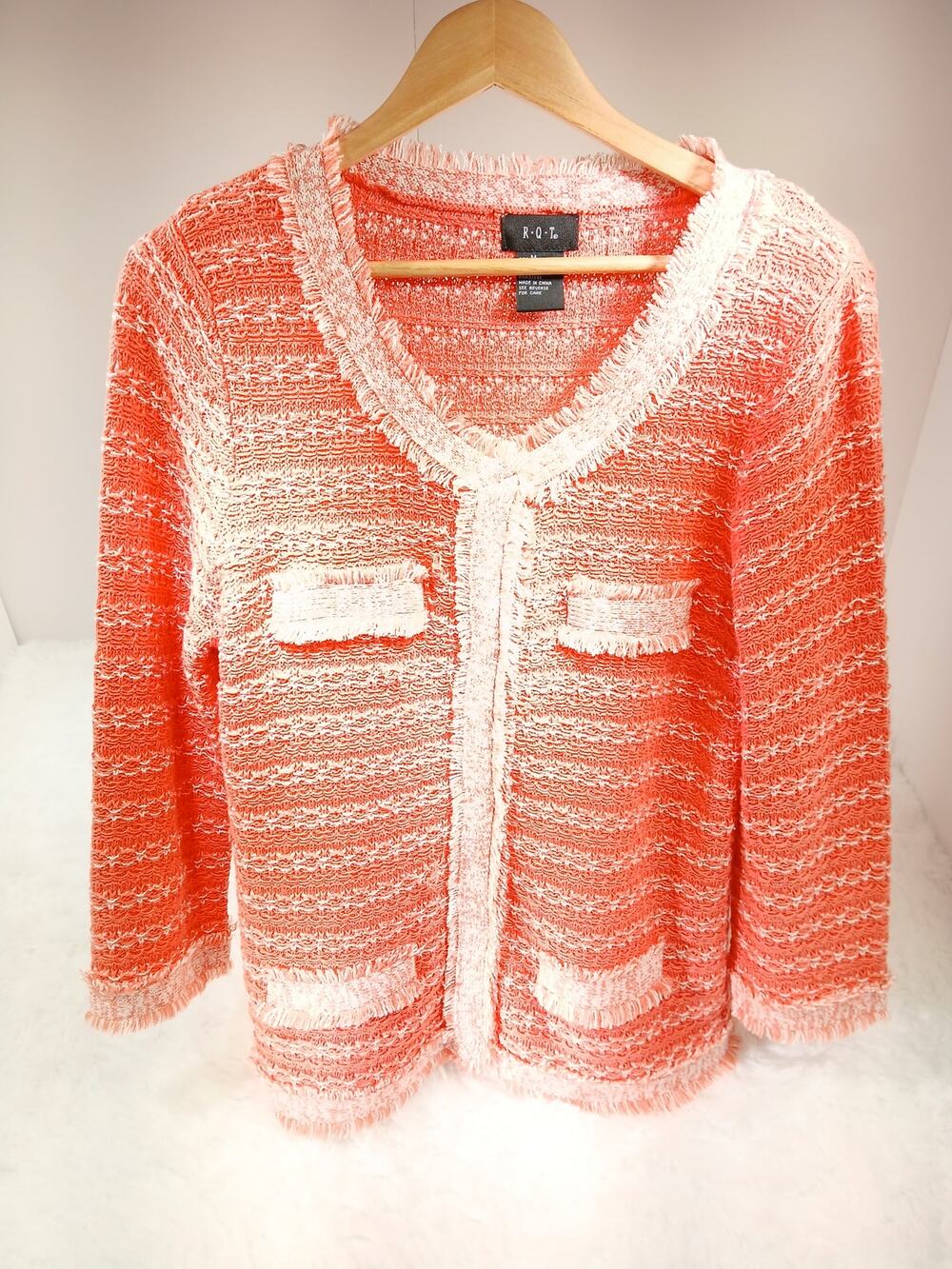 R-Q-T Orange Frayed-Fringe Knit Cardigan - Medium